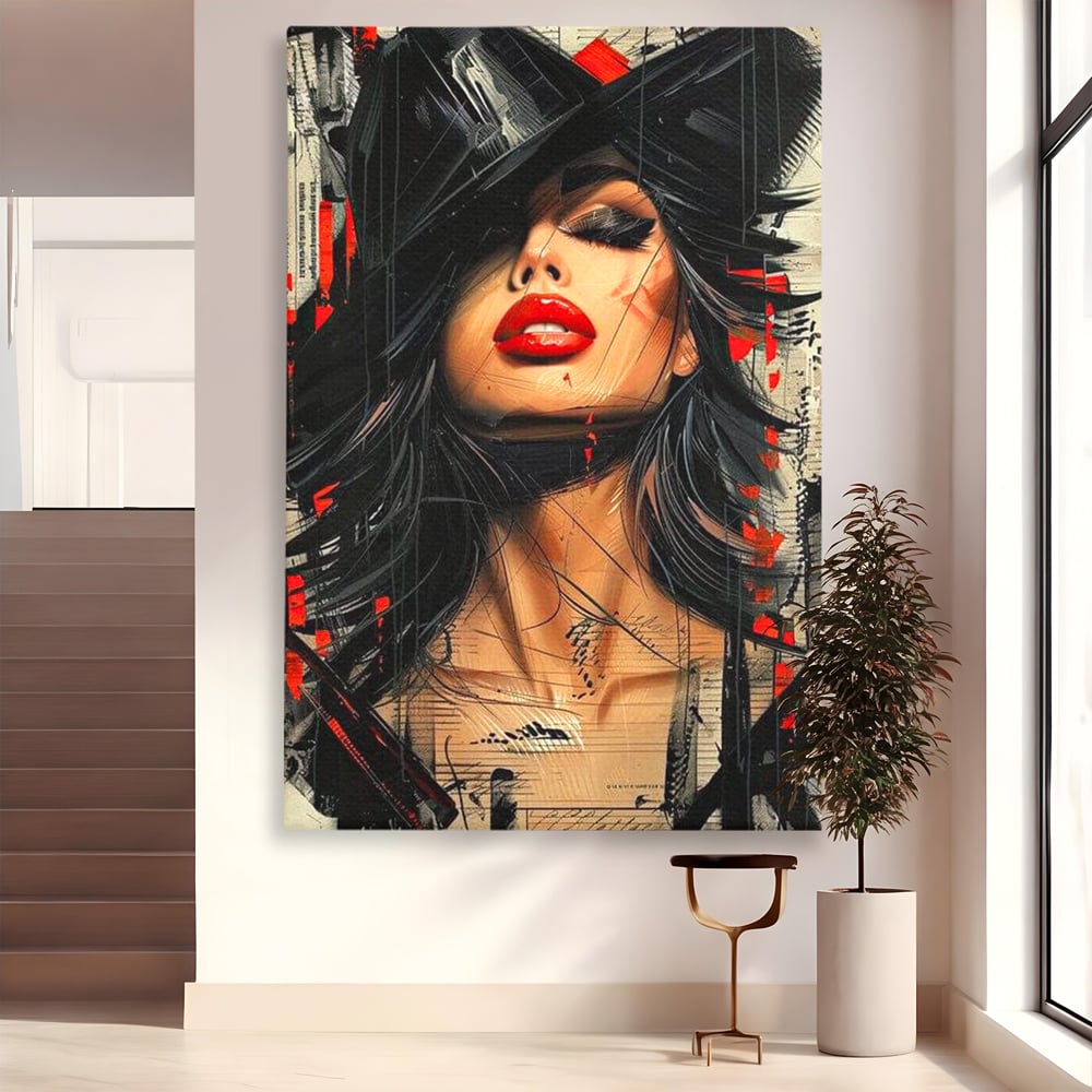 Tablou canvas cu tablou canvas cu portret stilizat de femeie, fara rama, pe sasiu de lemn